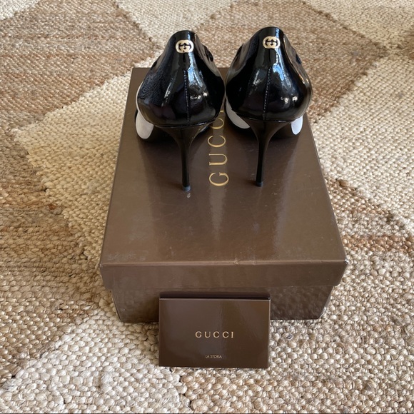 NWT Gucci Suede & Patent Leather Interlocking G Logo Peep-Toes Stiletto Heel 37 - Picture 8 of 10